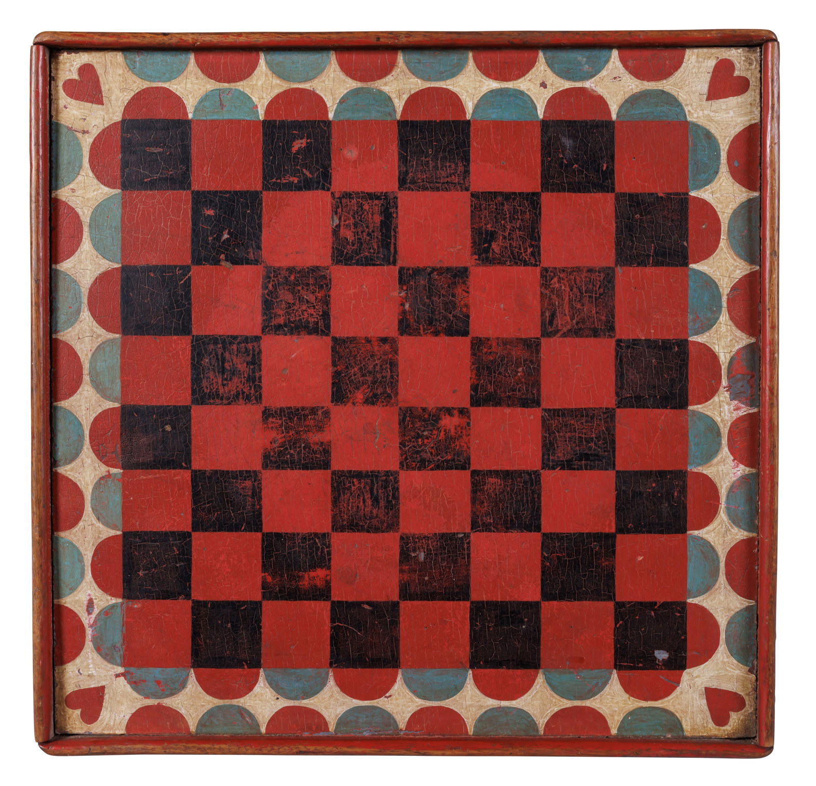 Painted Game Board with Hearts [Folk Art - Checkerboard] (New England, late 19th century) 14 1/2 x: Painted Game Board with Hearts [Folk Art - Checkerboard] (New England, late 19th century) With alternating red and blue half-circles on a white ground and hearts in each corner, New England, late 19th