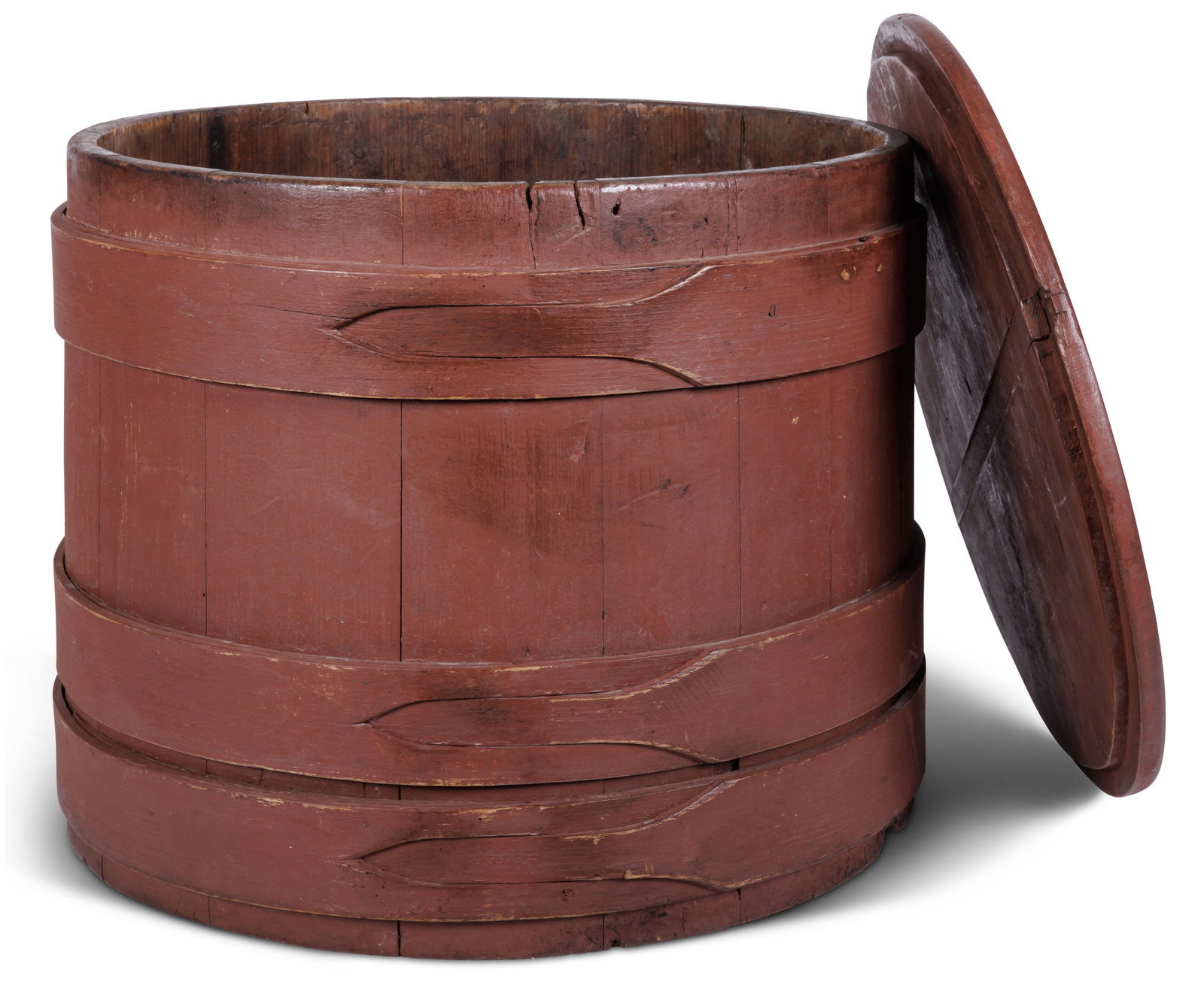 Oversized Bucket in Red Paint [Firkin - Coopered] (New England, ca. 1850) 17 x 20 in. (43.2 x 50.8: Oversized Bucket in Red Paint [Firkin - Coopered] (New England, ca. 1850) Staved bucket of exceptional size in old red paint, New England, ca. 1850. White pine with lapped bands and large single-board