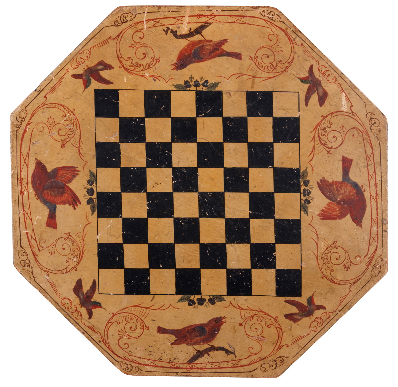 Hummingbird and Cardinal Game Board [Folk Art - Checkerboard - Painted] (American, late 19th: Hummingbird and Cardinal Game Board [Folk Art - Checkerboard - Painted] (American, late 19th century) Octagonal checkerboard decorated with birds and leafy acorns within scrolled borders, American, la