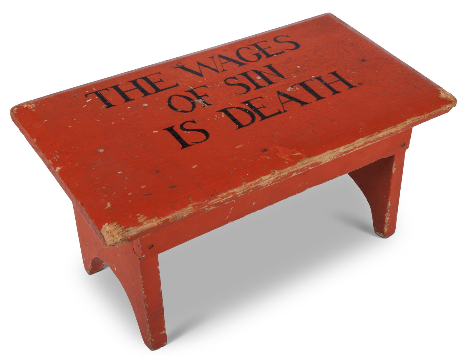 "Wages of Sin" Orange Painted Footstool [Folk Art - Religious] (American, early to mid 20th century): "Wages of Sin" Orange Painted Footstool [Folk Art - Religious] (American, early to mid 20th century) Boldly lettered in black, "THE WAGES OF SIN IS DEATH.", a quotation from Romans 6:23. White pine wi