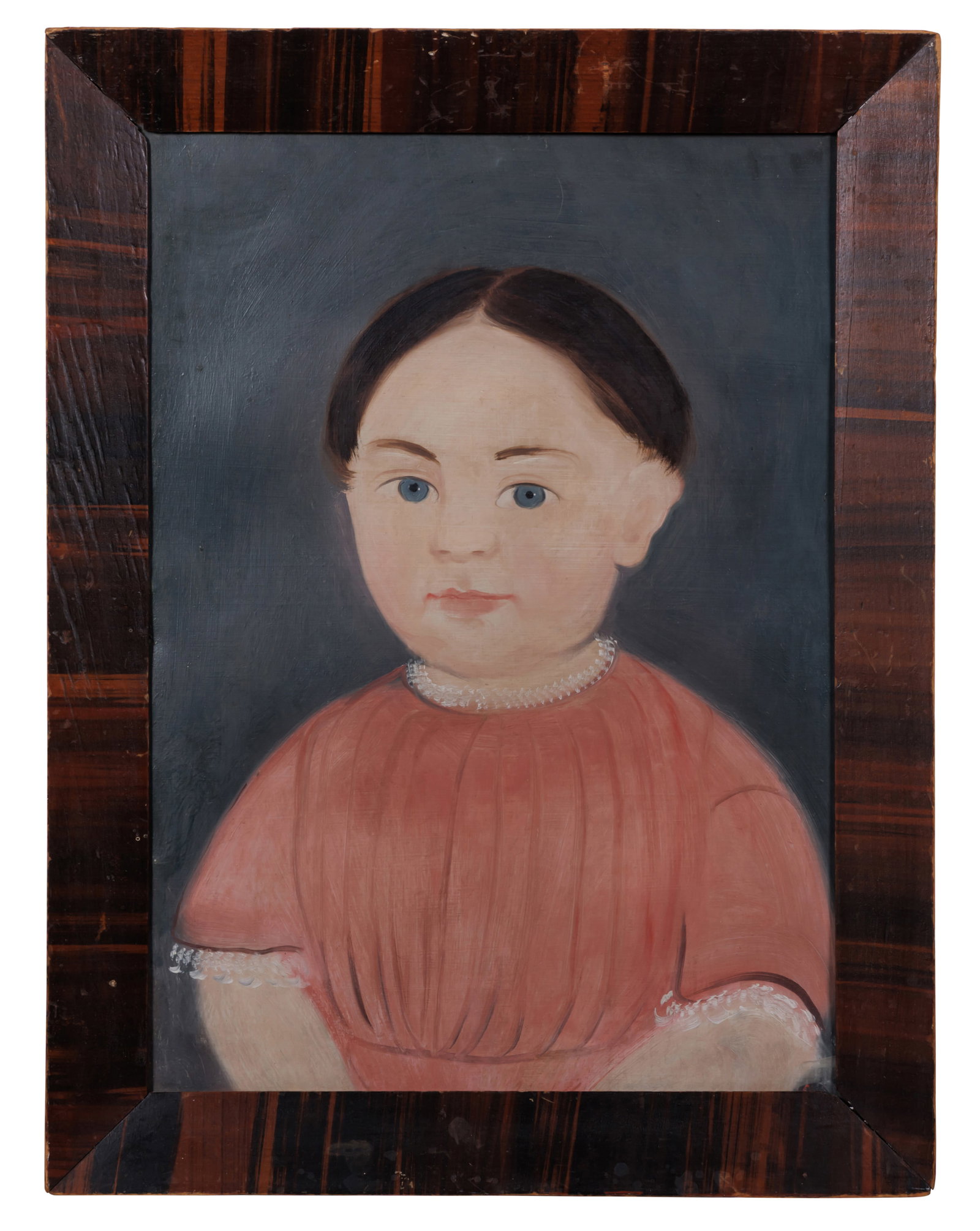 Portrait of Girl in Pink Dress, E. W. Blake, Prior-Hamblin [Folk Art] (New England, ca. 1845) Sight:: Portrait of a Girl in Pink Dress, attributed to E. W. Blake, Prior-Hamblin School [Folk Art] (New England, ca. 1845) Depicting a blue-eyed girl wearing a pink dress with lace collar, Prior-Hamblin Sch