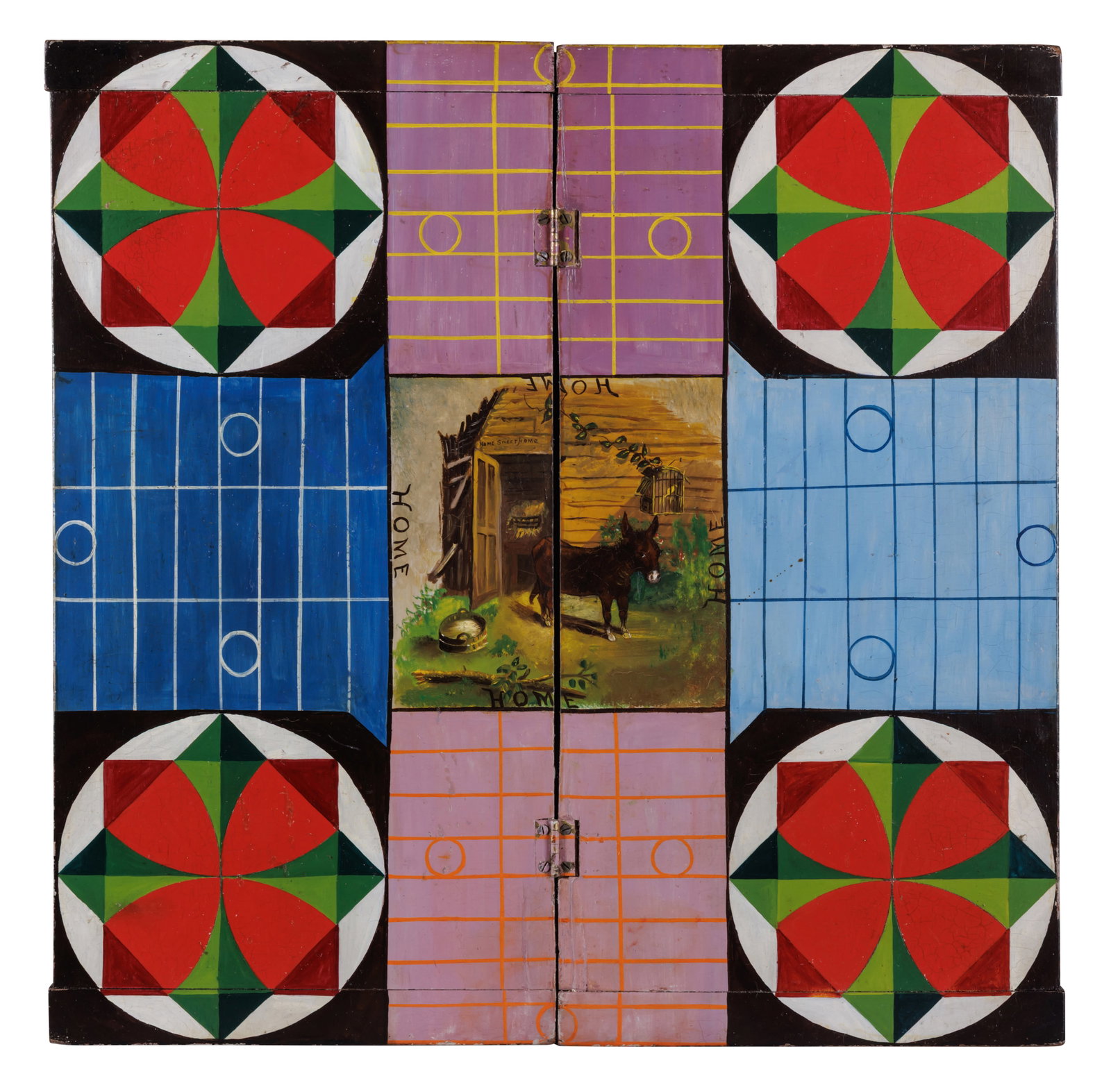 Folding Parcheesi Game Board with Cabin Scene [Folk Art - Painted] (American, late 19th century) 18: Folding Parcheesi Game Board with Cabin Scene [Folk Art - Painted] (American, late 19th century) In boldly painted colors with four compass-wheel motifs and a central vignette of a donkey standing bef