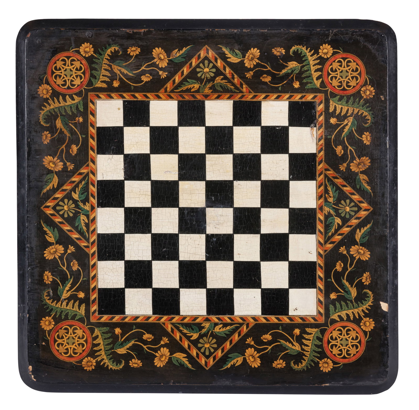 Paint-Decorated Game Board [Folk Art - Checkerboard - Aesthetic Movement] (Late 19th century) 21 x: Paint-Decorated Game Board [Folk Art - Checkerboard - Aesthetic Movement] (Late 19th century) Checkerboard with exceptional gilt and polychrome painted flowering vines and Celtic knots, late 19th cent