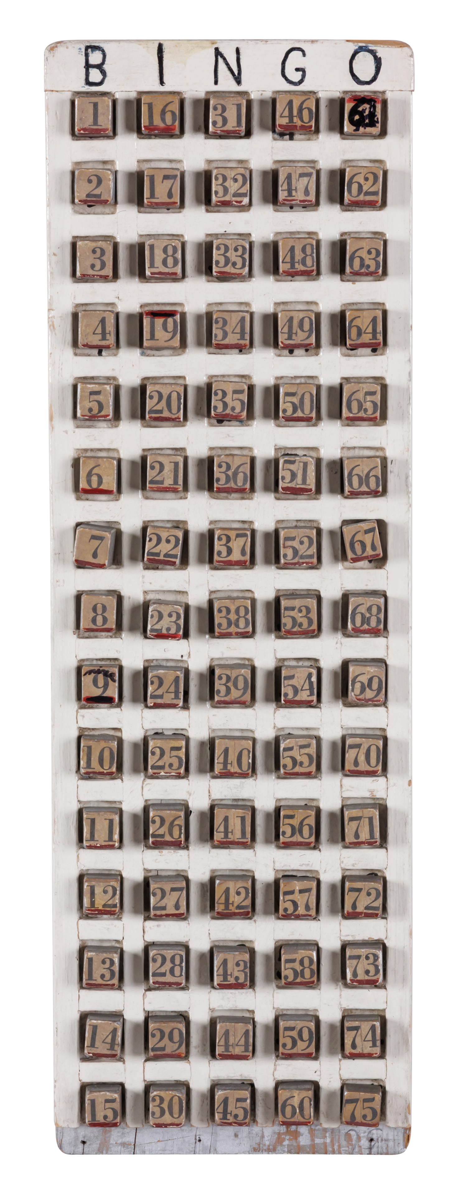 Lawn Bowling Club Bingo Game Board [Folk Art - Painted] (Canada, mid 20th century) 20 1/2 x 6 1/2: Lawn Bowling Club Bingo Game Board [Folk Art - Painted] (Canada, mid 20th century) With seventy-five individually numbered wooden blocks arranged beneath the hand-lettered title "BINGO." Made for the 