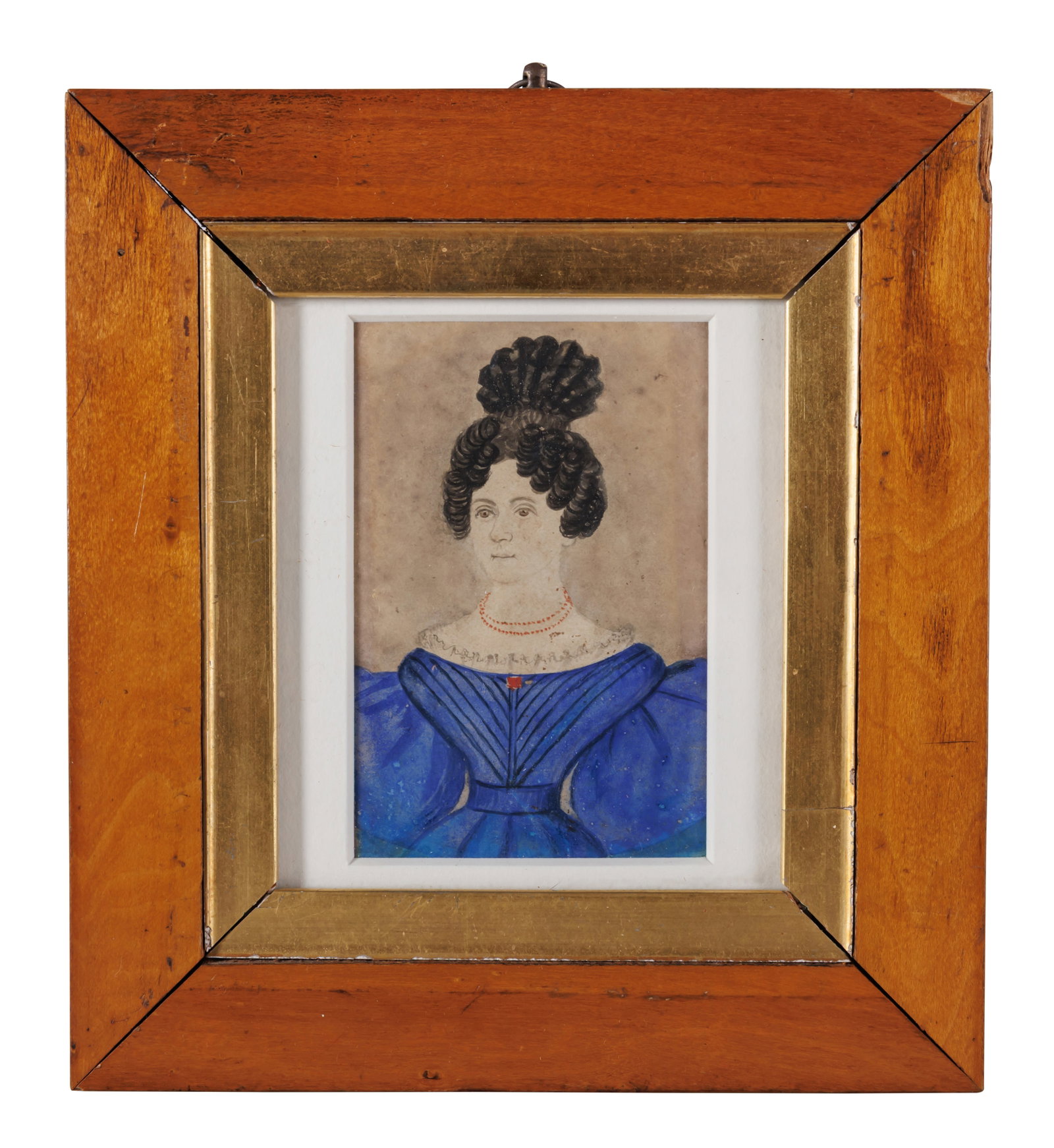 Miniature Portrait of Woman in Blue Dress [Folk Art - Watercolor] (American, ca. 1830) Sight: 4 x 2 (1 of 2)