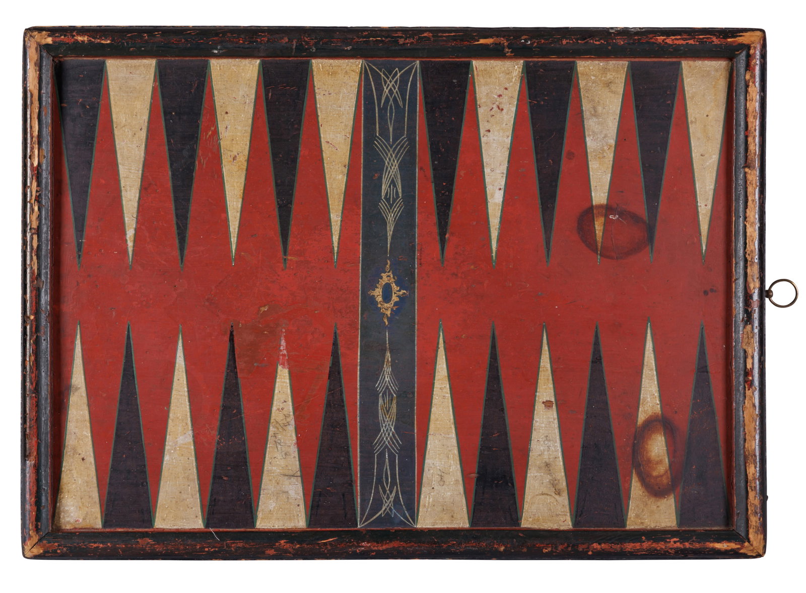 Double-Sided Backgammon Game Board [Folk Art - Checkerboard - Painted] (American, late 19th century): Double-Sided Backgammon Game Board [Folk Art - Checkerboard - Painted] (American, late 19th century) One side decorated as a backgammon board with alternating black and cream points and cream line dec