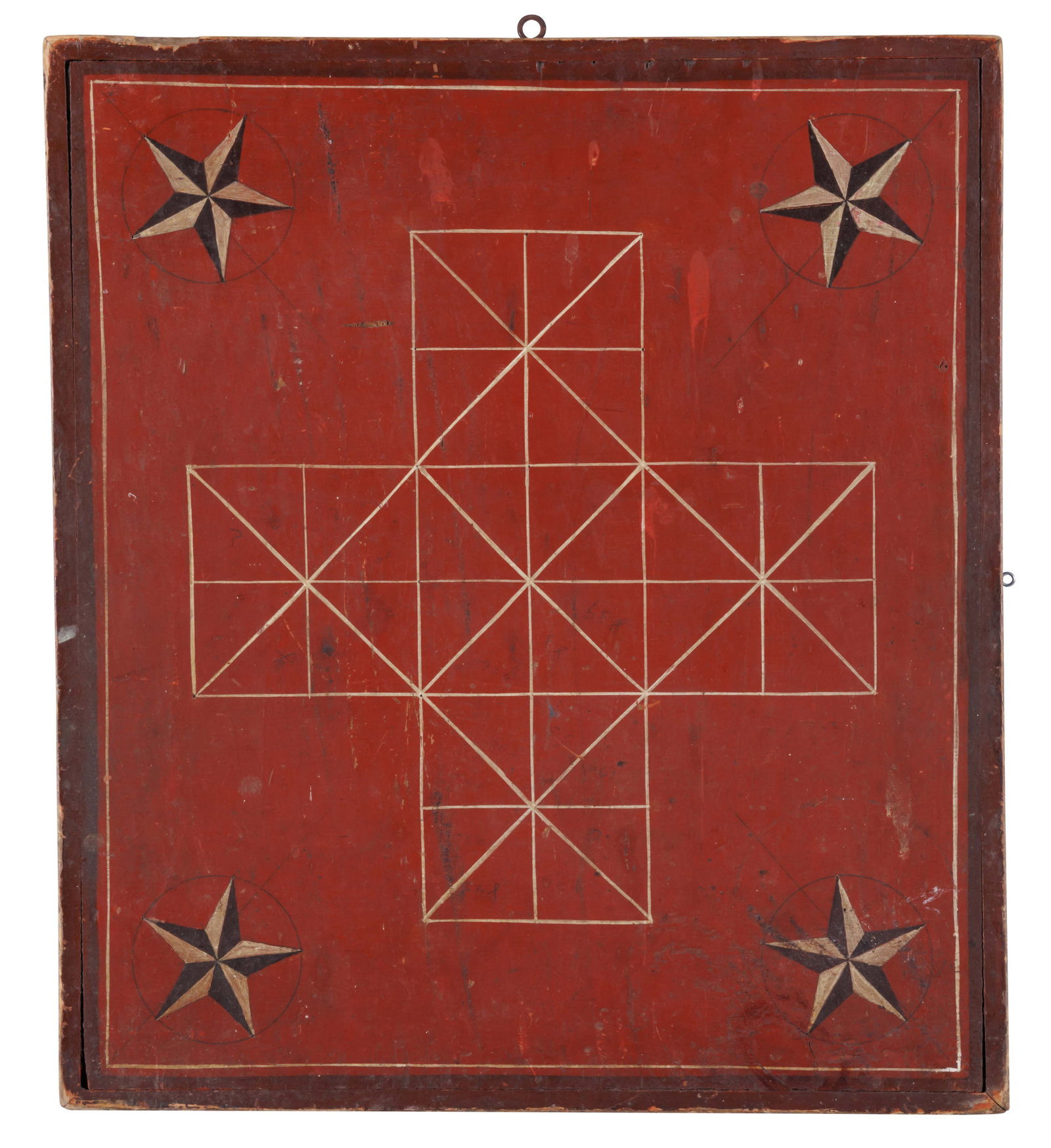 Red Painted Parcheesi Game Board with Mariners Stars [Folk Art - Checkerboard] (American, late 19th (1 of 3)