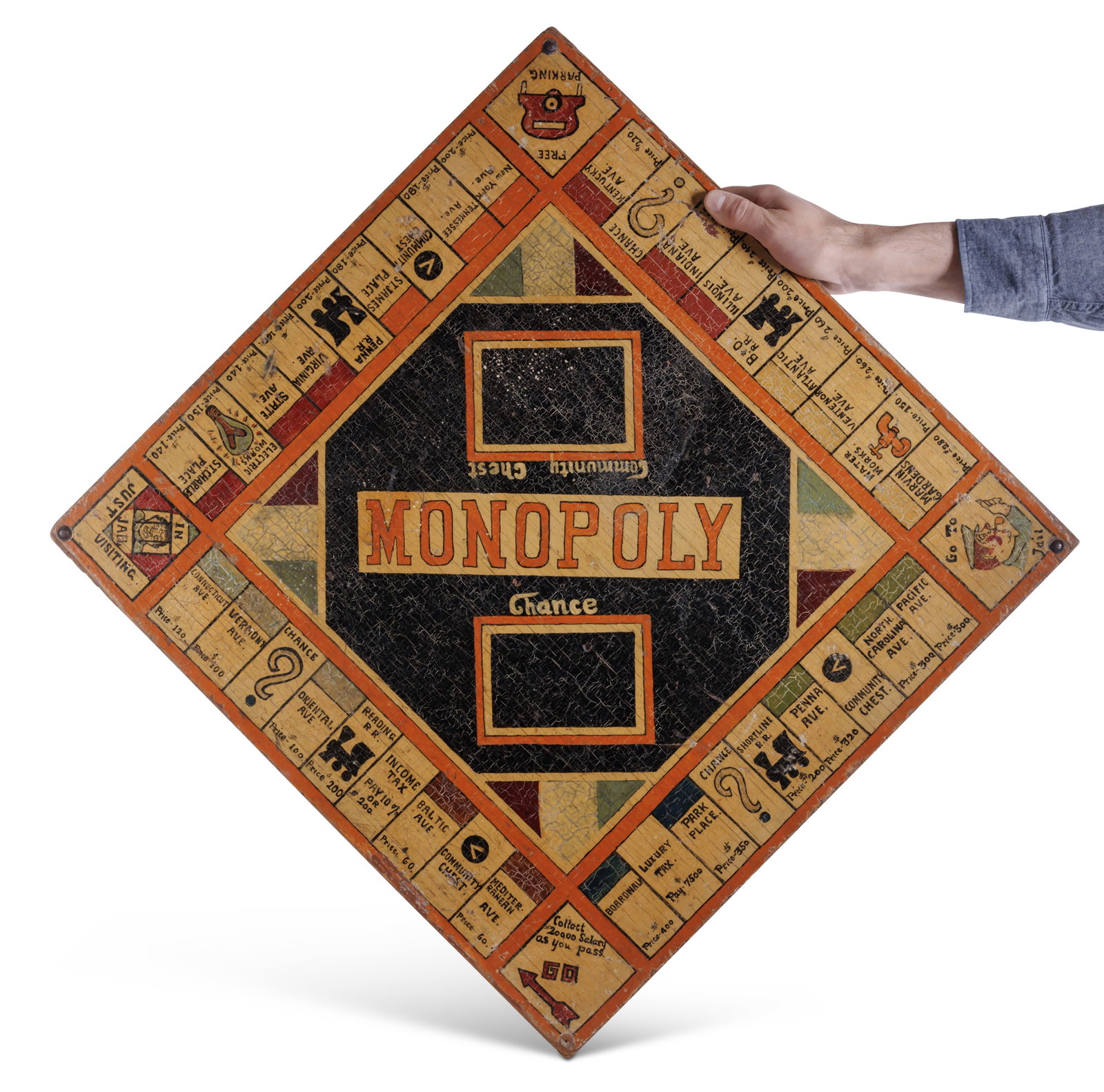 Early Painted Monopoly Game Board [Folk Art] (American, ca. 1935) 22 1/2 x 23 in. (57.2 x 58.4 cm.) (1 of 3)