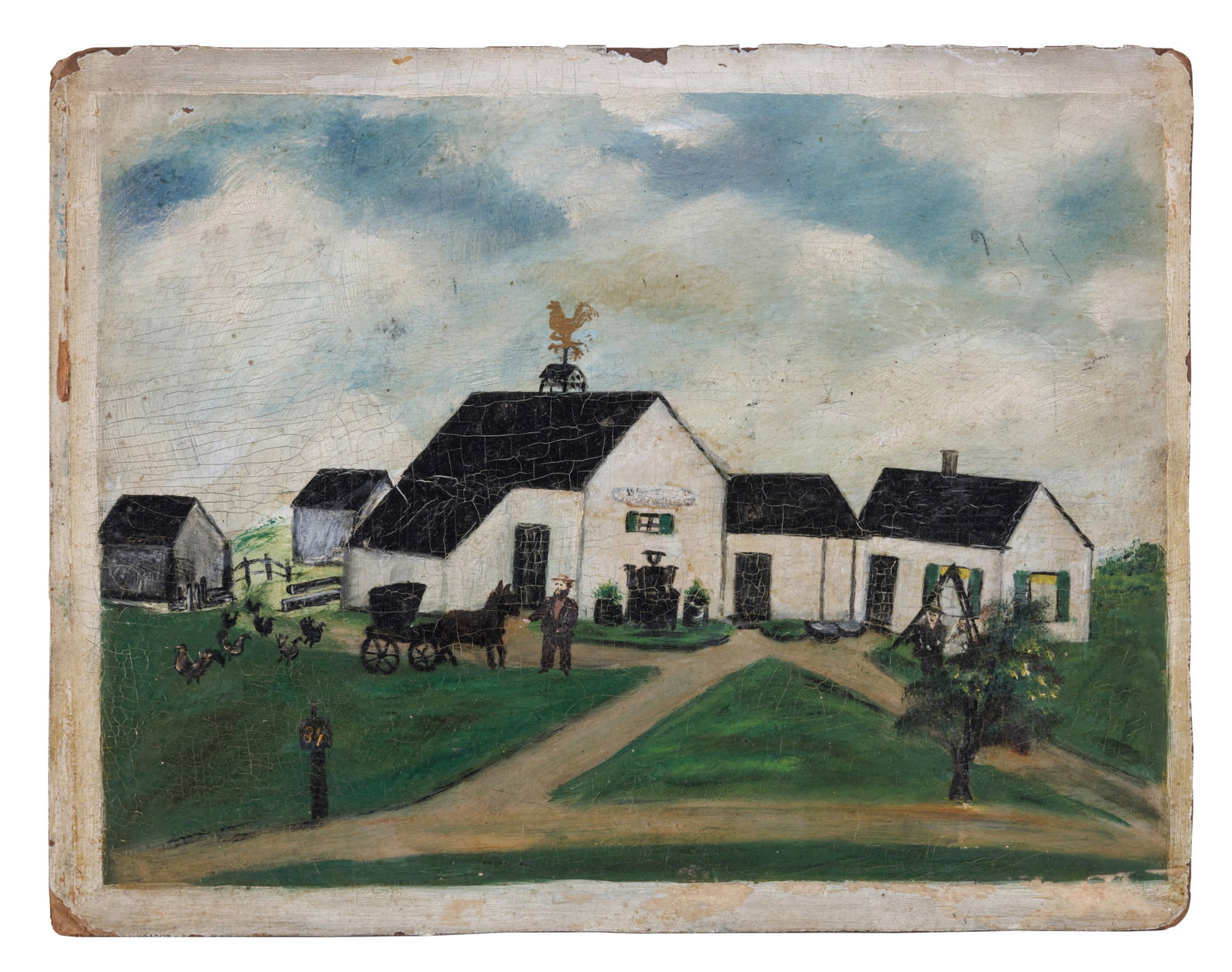 New England Farm with Rooster Weathervane [Folk Art - Painting] (New England, 19th century) 9 1/4 x: New England Farm with Rooster Weathervane [Folk Art - Painting] (New England, 19th century) Depicting a white-painted house and attached barn with a rooster weathervane, probably New England, 19th cen