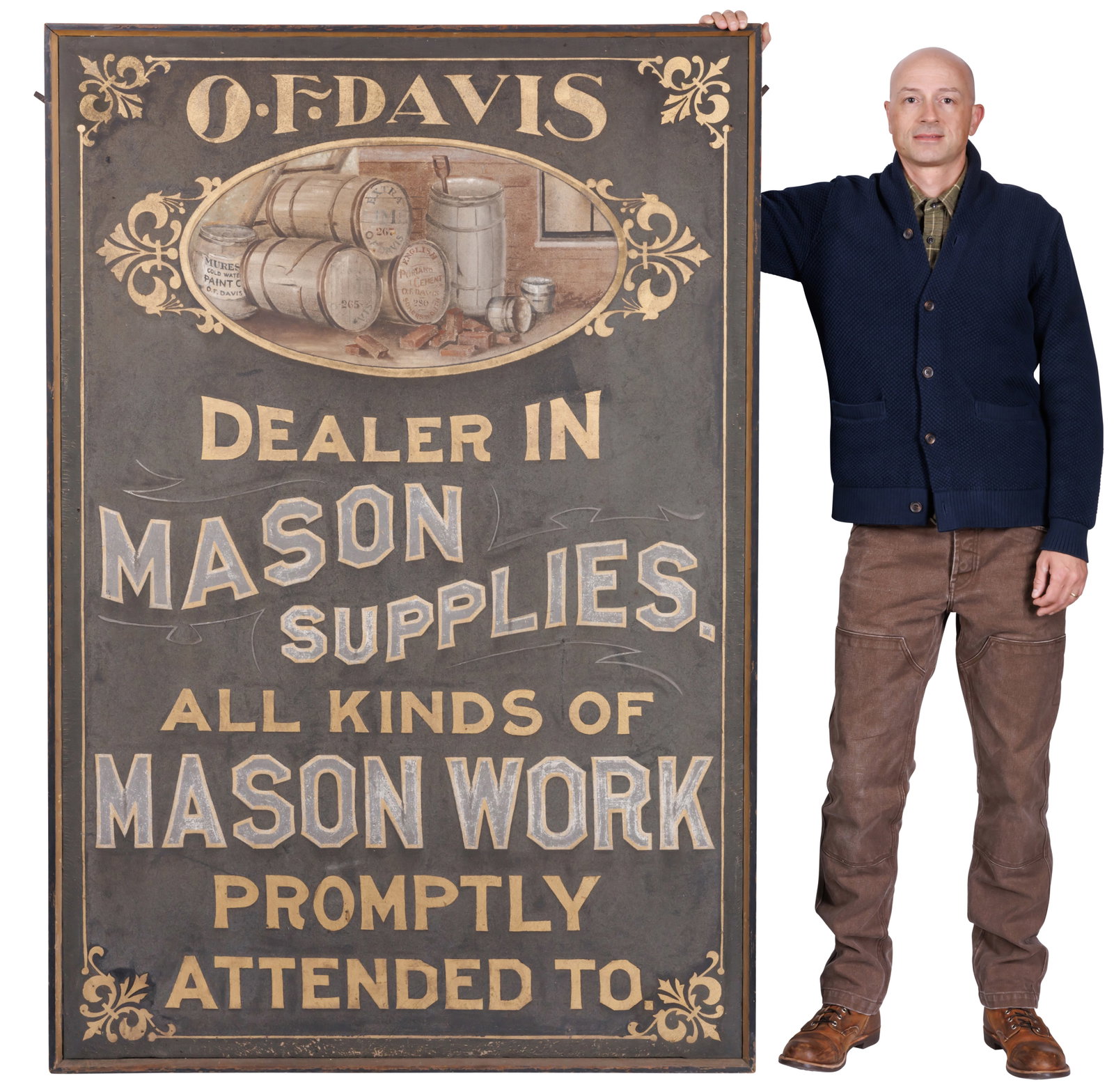 Monumental Maine Trade Sign for O. F. Davis, Mason Supplies [Folk Art - Advertising - Brick] (1 of 10)