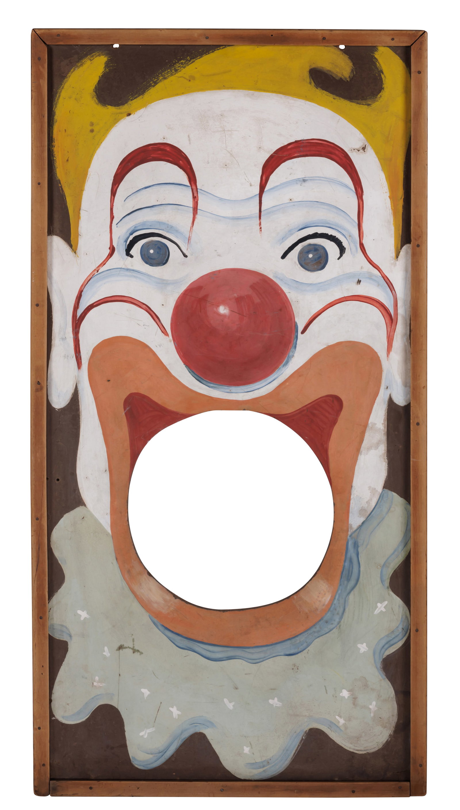 Large Clown Carnival Ball Toss Game [Folk Art - Circus - Painted] (American, mid-20th century) 48 x: Large Clown Carnival Ball Toss Game [Folk Art - Circus - Painted] (American, mid-20th century) Depicting a smiling clown with wide open mouth, American, mid-20th century. Hand-painted on composition b