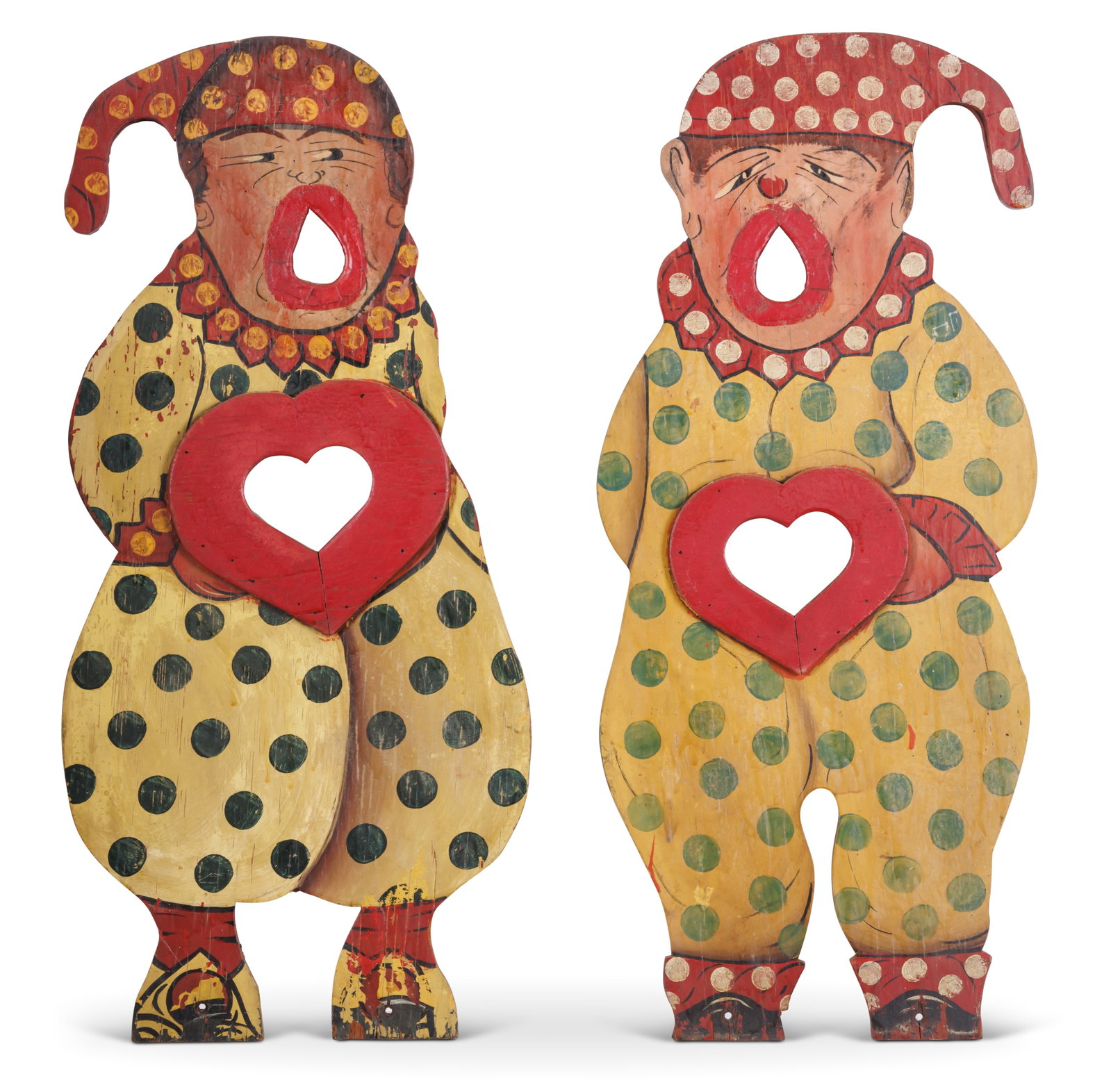 Pair of Clown Valentines Carnival Ball Toss Games [Folk Art - Circus - Painted Target] (American,: Pair of Clown Valentines Carnival Ball Toss Games [Folk Art - Circus - Painted Target] (American, ca. 1930) Depicting clowns dressed in yellow suits decorated with green polka dots and holding heart-s