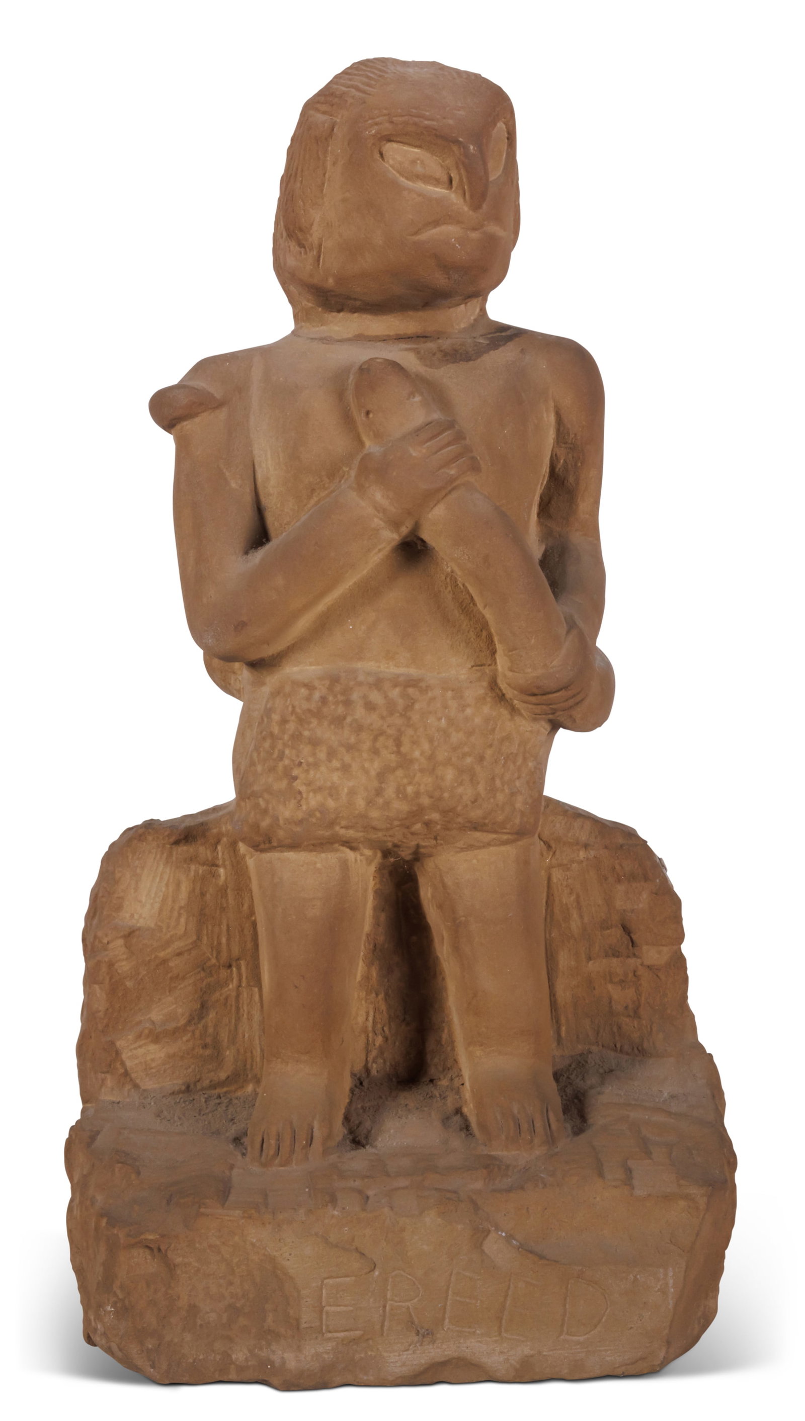 Ernest "Popeye" Reed, Carved Stone Figure of Man with Snake [Folk Art - Outsider - Sculpture] (Ohio, (1 of 7)