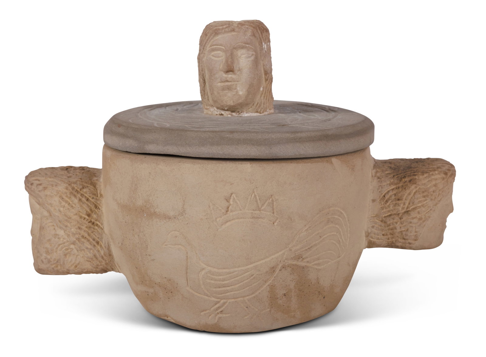 Ernest "Popeye" Reed, Carved Stone Bowl with Lid [Folk Art - Outsider] (Ohio, ca. 1975) 5 3/4 x 8 x: Ernest "Popeye" Reed, Carved Stone Bowl with Lid [Folk Art - Outsider] (Ohio, ca. 1975) Covered bowl by Ernest "Popeye" Reed (1919?1985), Jackson County, Ohio, ca. 1975. Signed "E. Reed" on underside.