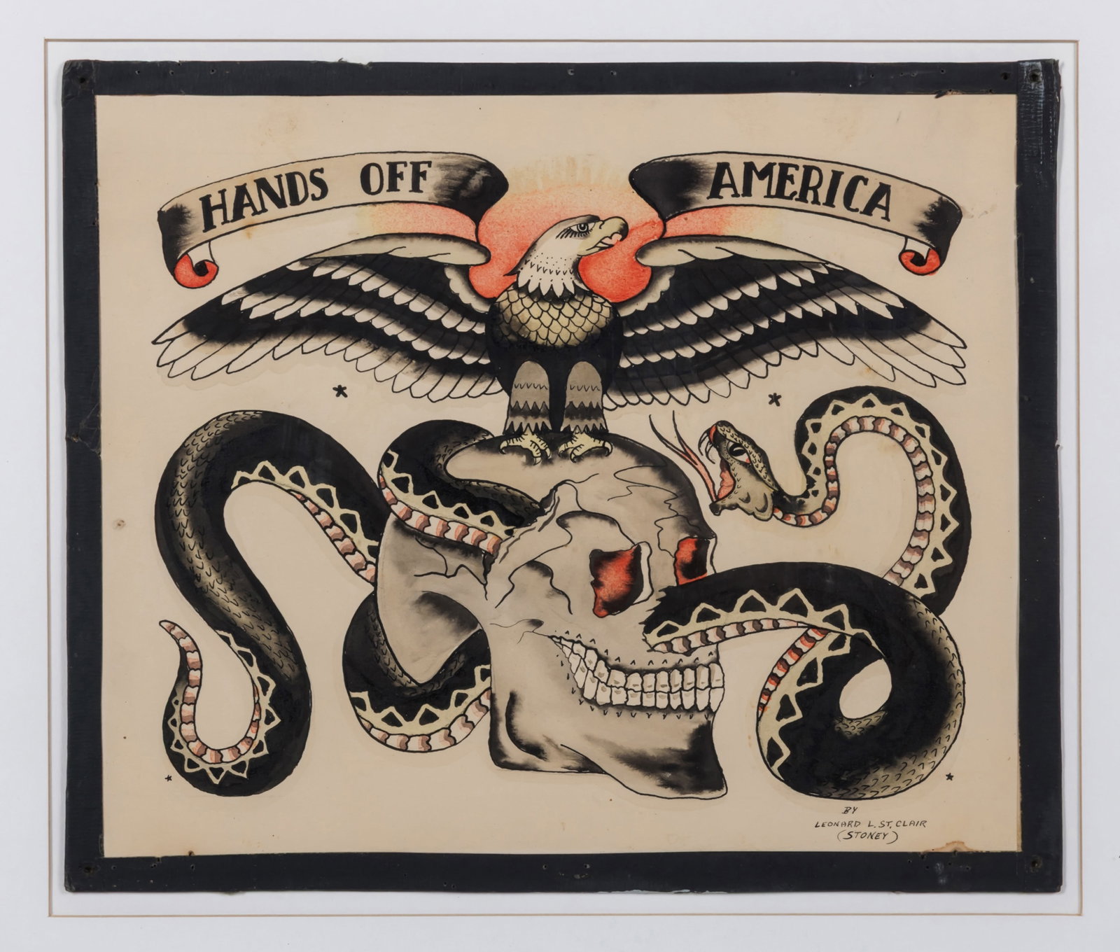 Stoney St. Clair, "Hands off America" Tattoo Design [Folk Art - Outsider - Coast Guard] (Tampa, ca.: Stoney St. Clair, "Hands off America" Tattoo Design [Folk Art - Outsider - Coast Guard] (Tampa, ca. 1960) Exceptional hand-painted tattoo flash by Leonard "Stoney" St. Clair (1912?1980), probably Tamp