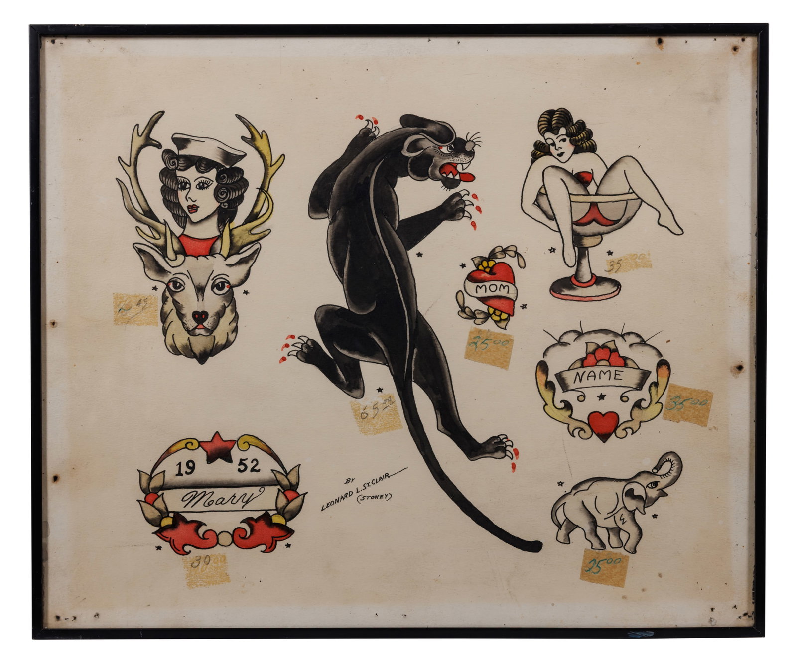 Stoney St. Clair, Black Panther and Other Tattoo Designs [Folk Art - Outsider] (Tampa, ca. 1952) 10: Stoney St. Clair, Black Panther and Other Tattoo Designs [Folk Art - Outsider] (Tampa, ca. 1952) Hand-painted tattoo flash by Leonard "Stoney" St. Clair (1912?1980), probably Tampa, Florida, ca. 1952.