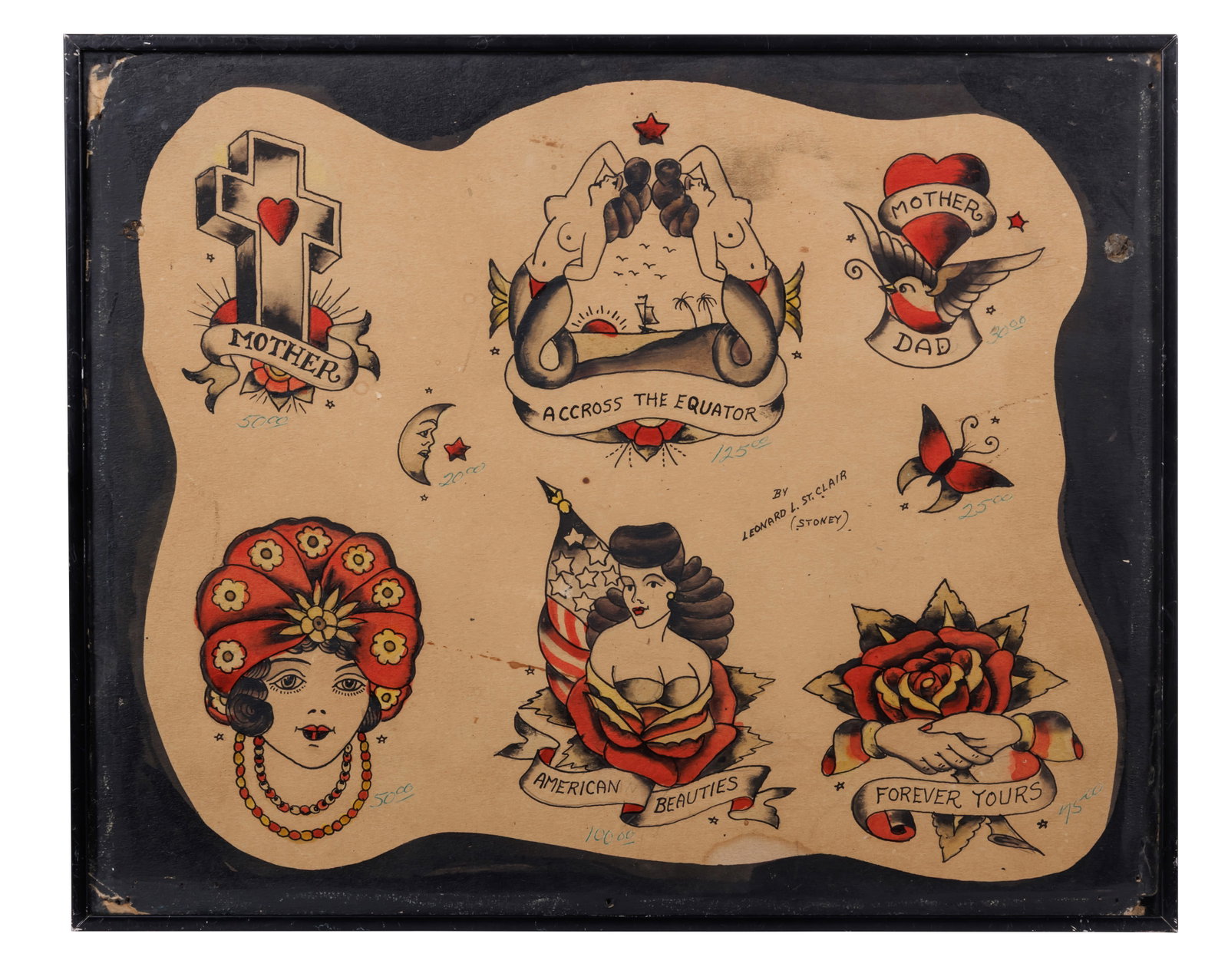 Stoney St. Clair, "American Beauties" and Other Tattoo Designs [Folk Art - Outsider - Coast Guard]: Stoney St. Clair, "American Beauties" and Other Tattoo Designs [Folk Art - Outsider - Coast Guard] (Tampa, ca. 1960) Hand-painted tattoo flash by Leonard "Stoney" St. Clair (1912?1980), probably Tampa