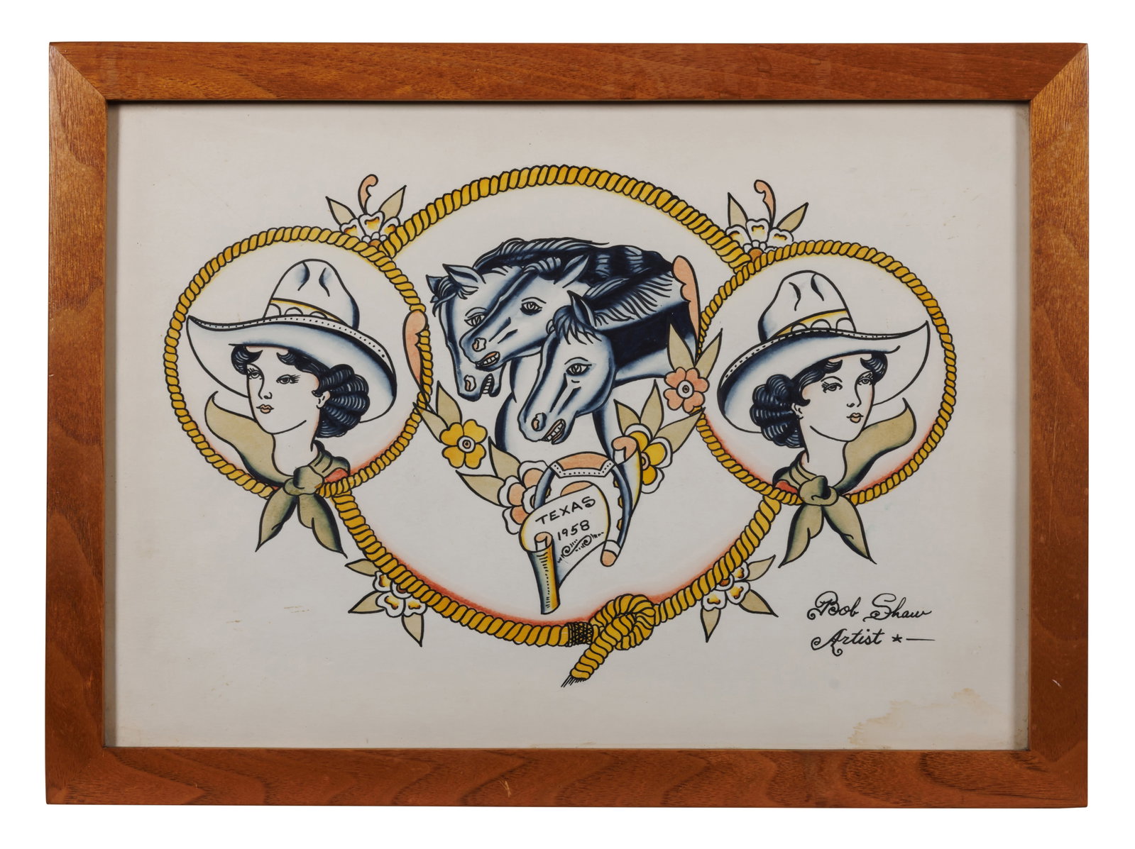 Bob Shaw, Texas Cowgirls Tattoo Design [Folk Art - Outsider] (Biloxi, Mississippi, ca. 1958) Sight: (1 of 2)
