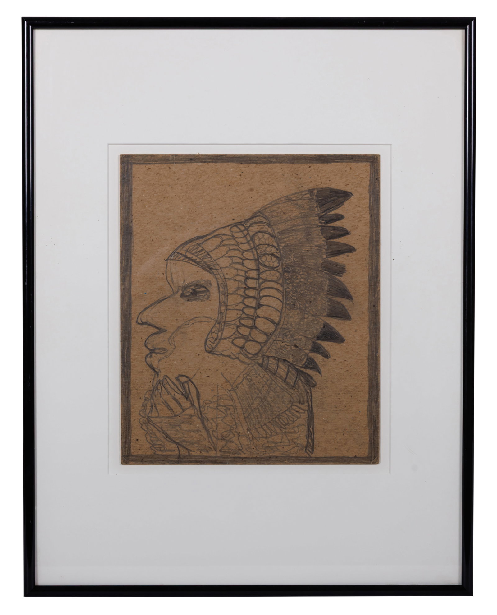 Indian Head by William Hawkins [Outsider Art - Self-Taught] (Columbus, Ohio, ca. 1980) 9 3/4 x 8 1/4: Indian Head by William Hawkins [Outsider Art - Self-Taught] (Columbus, Ohio, ca. 1980) Indian Head by William L. Hawkins (1895?1990), Columbus, Ohio, 20th century. Graphite on found cardboard. Framed 