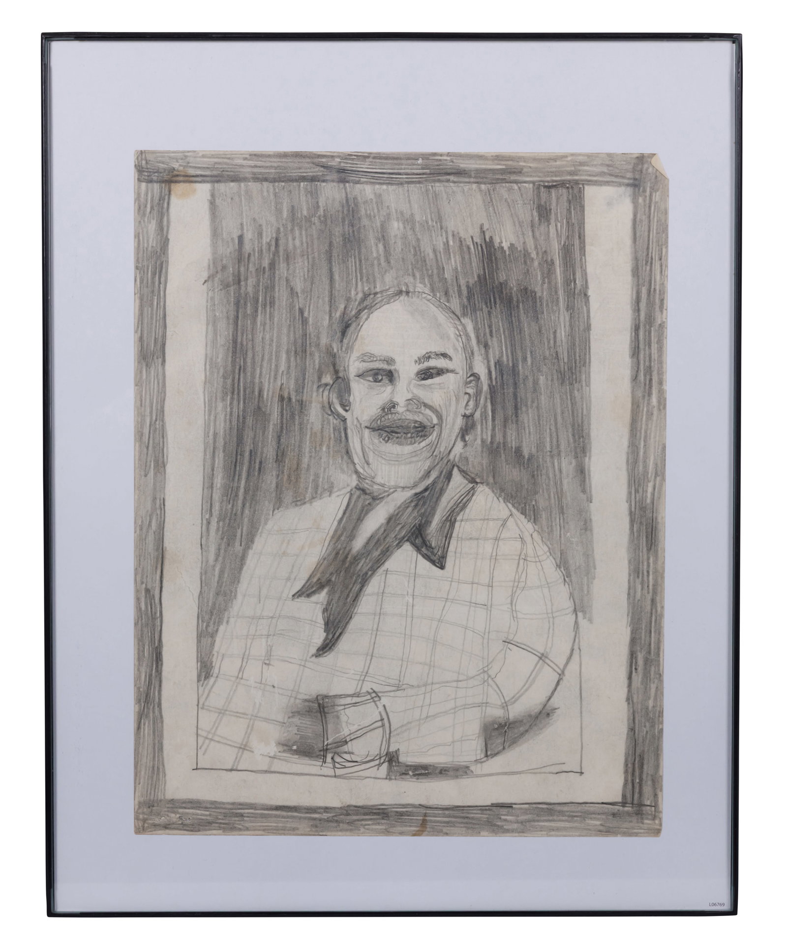Man in Plaid Jacket by William Hawkins [Outsider Art - Self-Taught] (Columbus, Ohio, 20th century): Man in Plaid Jacket by William Hawkins [Outsider Art - Self-Taught] (Columbus, Ohio, 20th century) Man in plaid jacket by William L. Hawkins (1895?1990), Columbus, Ohio, 20th century. Graphite on foun