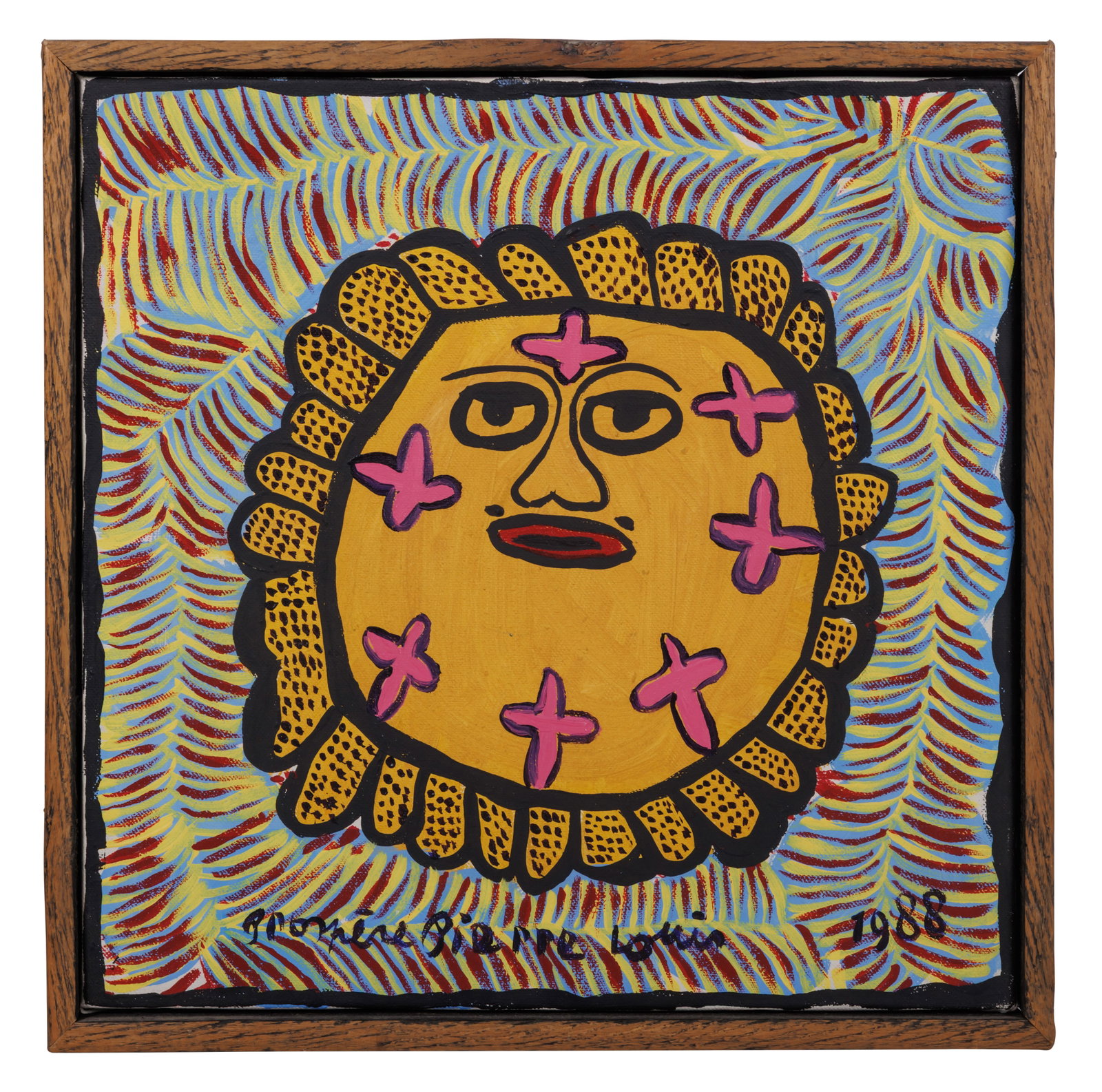 Sun Face by Prospere Pierre-Louis (Haiti, 1988) 12 x 12 in. (30.5 x 30.5 cm.), Frame: 12 3/4 x 12 (1 of 2)