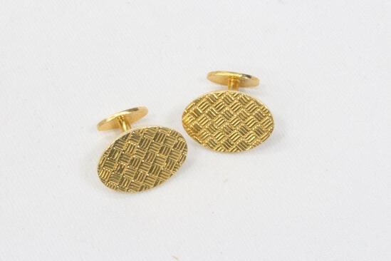 14k Yellow Gold Pair of Oval Basket Weave Design Cufflinks (1 of 1)