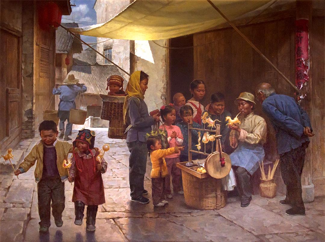 Candy Stand by Jie Wei Zhou (1962- ): Jie Wei Zhou (1962- ), oil on canvas, 36 x 48, signed lower right: Jiewei Zhou verso: titled and signed