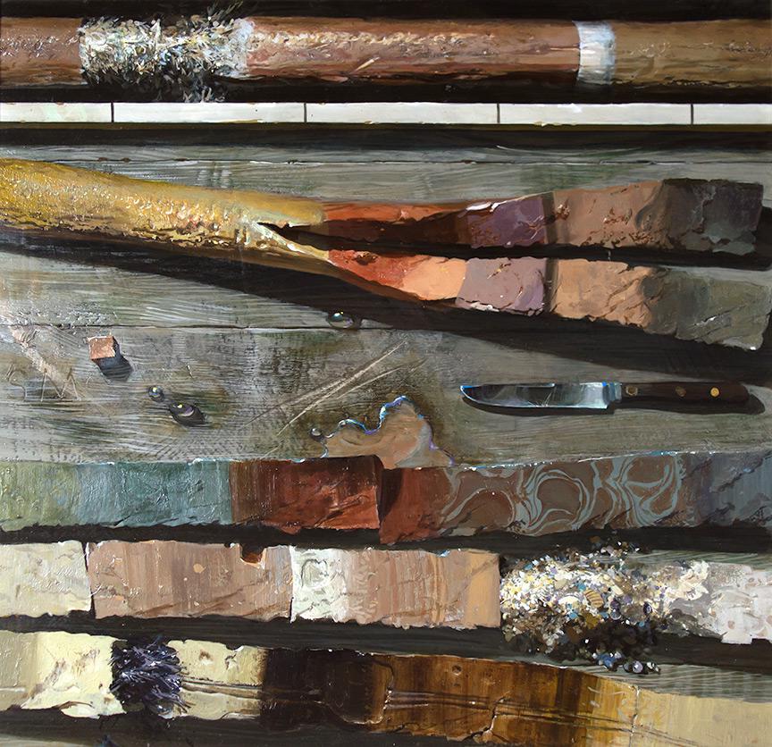 Sea Bottom Cores: Lamont Labs by Stanley Meltzoff: Stanley Meltzoff (1917-2006), oil on canvas on board, 21 x 21 3/4, initialed center left: SM