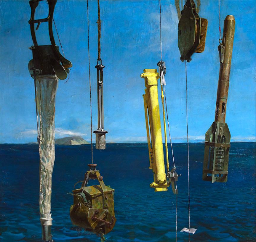 Oceanographic Instruments by Stanley Meltzoff: Stanley Meltzoff (1917-2006), oil on canvas on board, 23 1/4 x 24 3/4, signed lower right: MELTZOFF