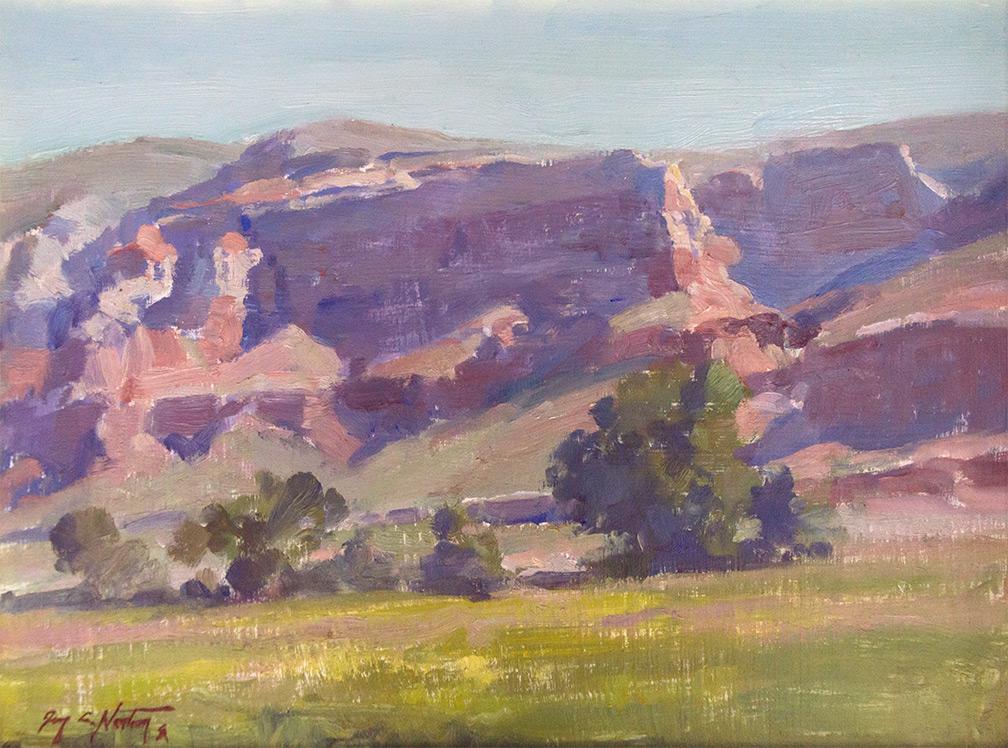 South of Cody by Jim Norton (1953- ): Jim Norton (1953- ), oil on board, 9 x 12, signed lower left: Jim C. Norton CA verso: titled and signed