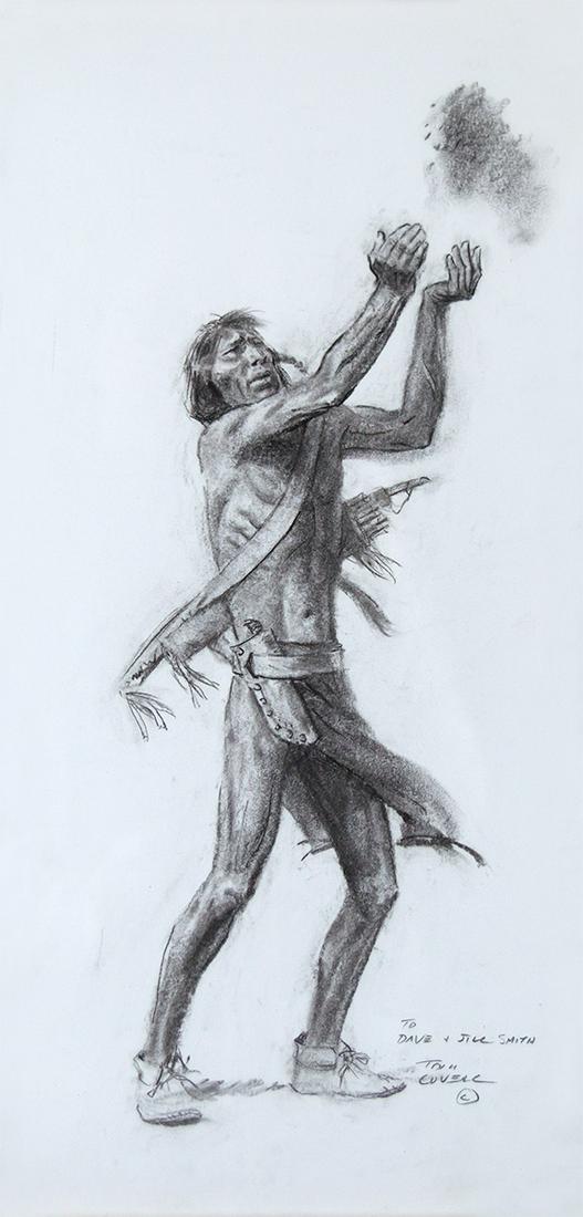 Tossing Dust by Tom Lovell (1909-1997): Tom Lovell (1909-1997), charcoal on paper, 15 1/2 x 7 1/2 (sight), signed lower right: TO DAVE + JILL SMITH TOM LOVELL Â©