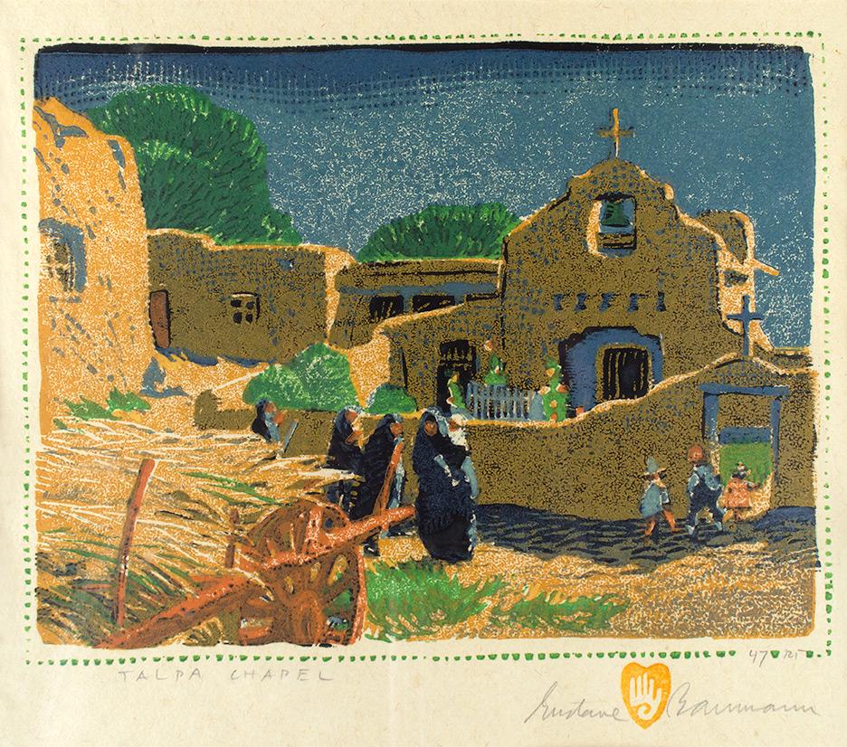 Talpa Chapel by Gustave Baumann (1881-1971): Gustave Baumann (1881-1971), color woodblock, 5 7/8 x 7 1/2, signed lower right: Gustave (artist stamp) Baumann numbered lower right: 47/125 titled lower left: TALPA CHAPEL