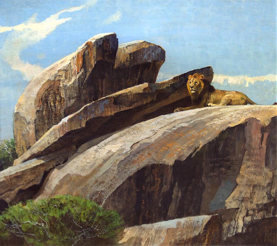 On the Rocks by Bob Kuhn (1920-2007): Bob Kuhn (1920-2007), acrylic on board, 18 x 20, signed lower right: kuhn verso: titled and signed