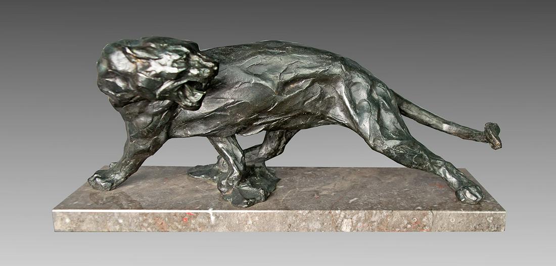 Leopard Looking Back by Jonathan Kenworthy (1943- ): Jonathan Kenworthy (1943- ), bronze 5, 5 1/2 x 13 1/4 x 6 1/2, inscribed center verso: KENWORTHY 66