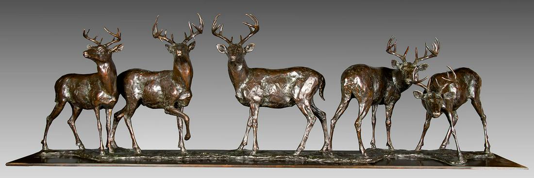Whitetail Deer by Mike Barlow (1963- ): Mike Barlow (1963- ), bronze AP, 15 x 47 x 10, inscribed center verso: Michael Barlow AP