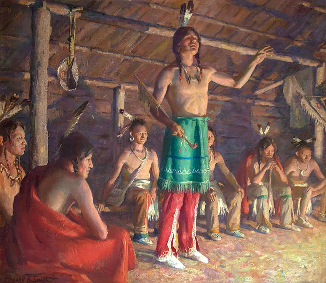 Council House of the Iroquois by Howard Everett Smith: Howard Everett Smith (1885-1970), oil on canvas, 26 x 30, signed lower left: Howard E. Smith