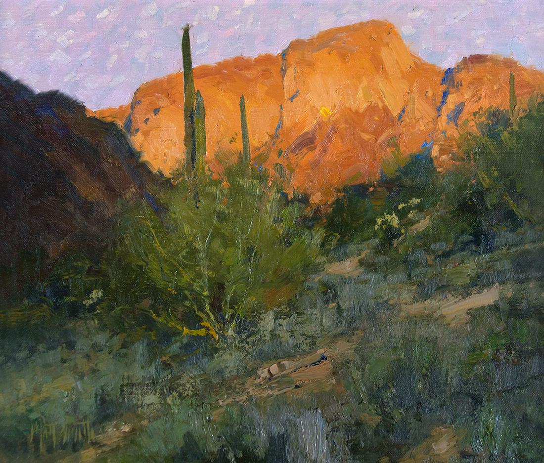 Sundown in the Canyon by Matt Smith (1960- ): Matt Smith (1960- ), oil on board, 11 x 12 3/4, signed lower left: Matt Smith verso: titled, signed, dated