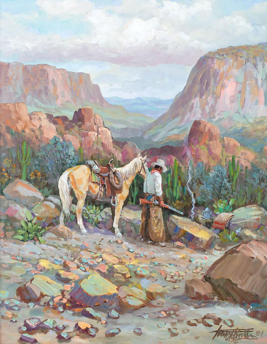Cowboy and Palomino by Fred Oldfield (1918-2017): Fred Oldfield (1918-2017), oil on board, 20 x 16, signed lower right: Fred Oldfield 81