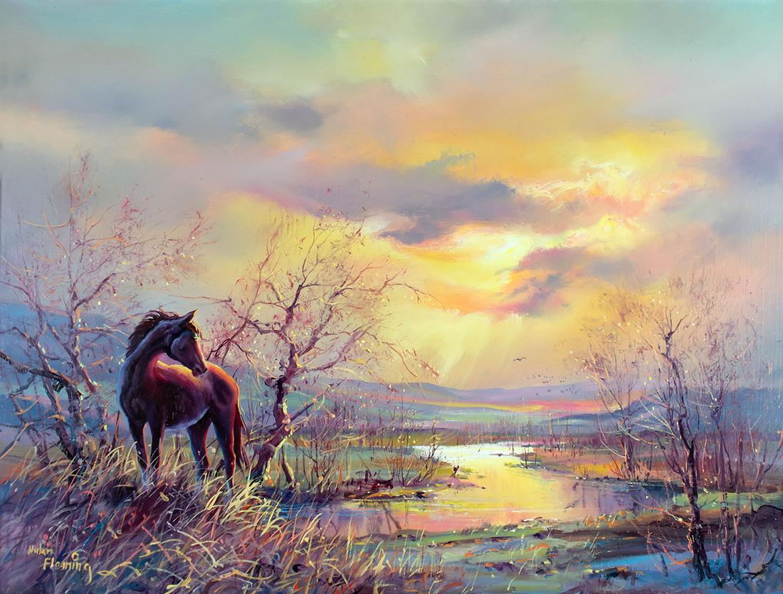 Evening Sunset by Hulan Fleming (1933- ): Hulan Fleming (1933- ), oil on board, 18 x 24, signed lower left: Hulan Fleming (artist cipher)