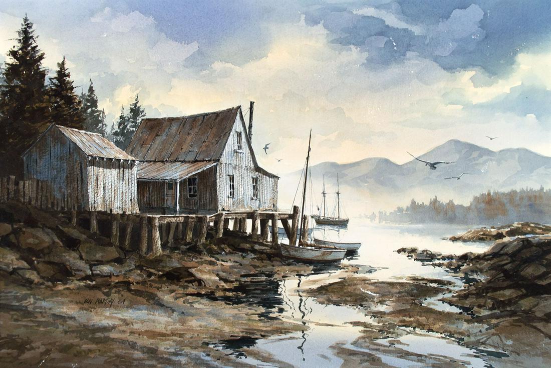 Boating Shack on Hood Canal, Washington by Ian Ramsay: Ian Ramsay (1965- ), watercolor on paper, 14 x 22 (sight), signed lower left: IAN RAMSAY '84 verso: titled