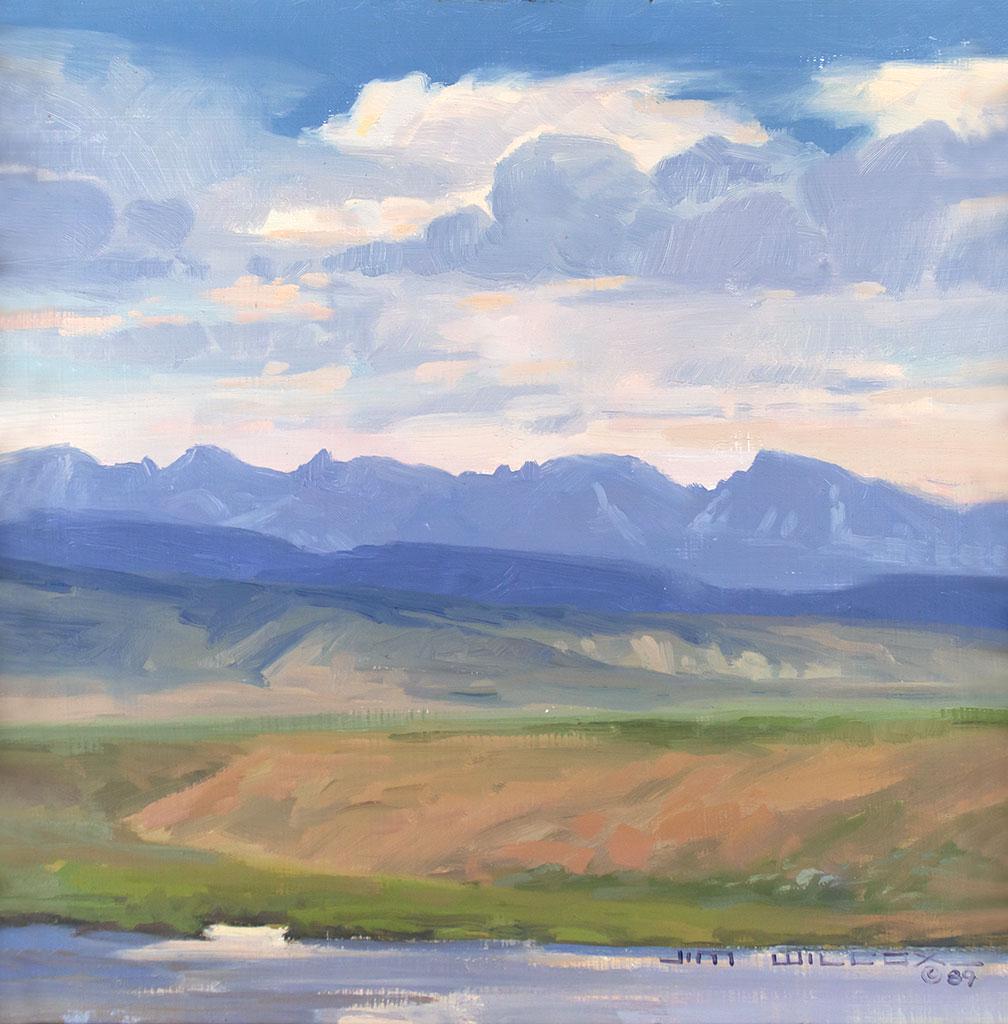 Valley Landscape by Jim Wilcox (1941- ): Jim Wilcox (1941- ), oil on board, 12 x 12, signed lower right: JIM WILCOX - © 89