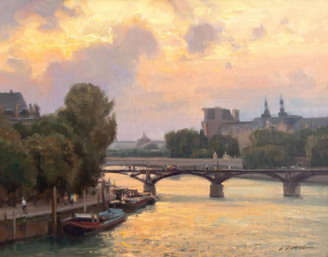 Evening - Pont des Arts by Clyde Aspevig (1951- ): Clyde Aspevig (1951- ), Evening - Pont des Arts, oil on canvas, 11 x 14, signed lower right
