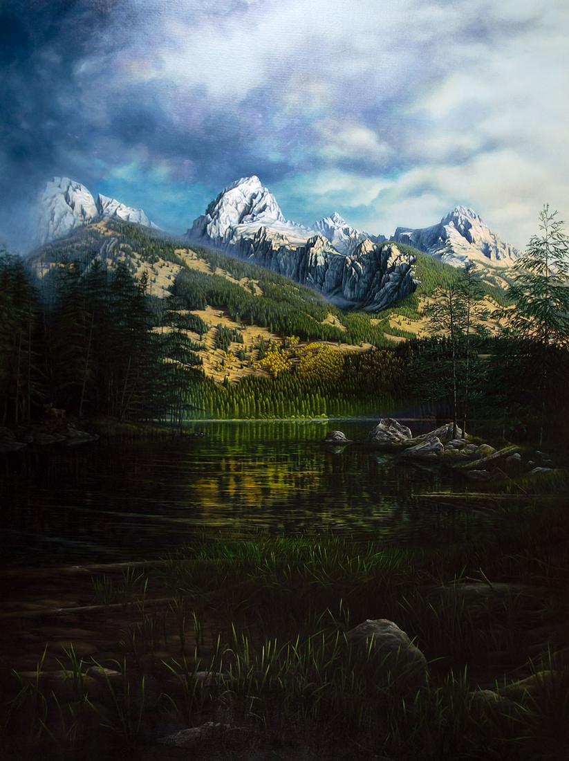 The Grand Teton from Taggart Lake by Mark Dassoulas: Mark Dassoulas (1955- ), The Grand Teton from Taggart Lake, oil on canvas on panel, 65 x 49, signed lower left