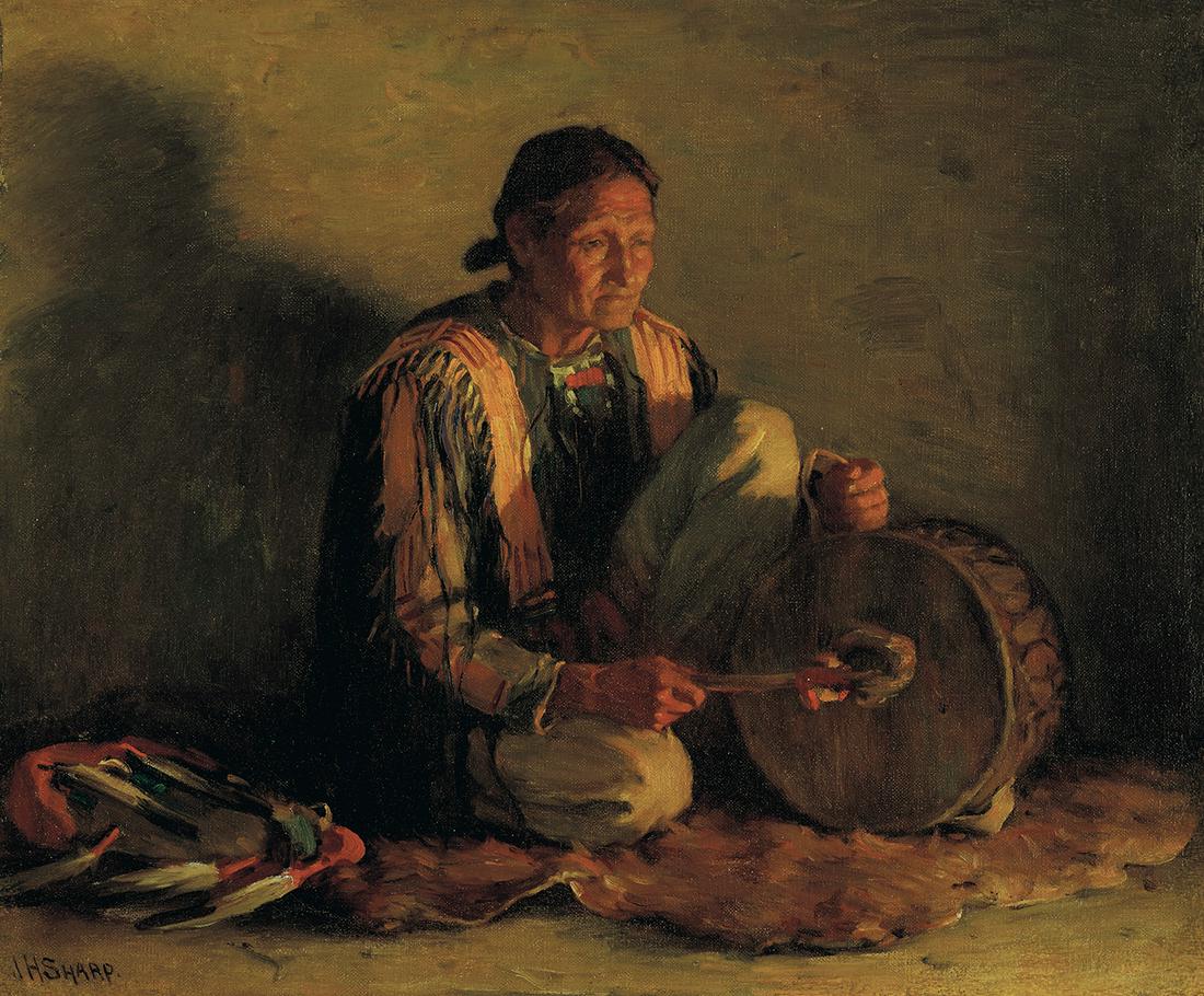 The Drummer by Joseph Henry Sharp (1859-1953): Joseph Henry Sharp (1859-1953), The Drummer, oil on canvas, 20 1/4 x 24 1/4, signed lower left