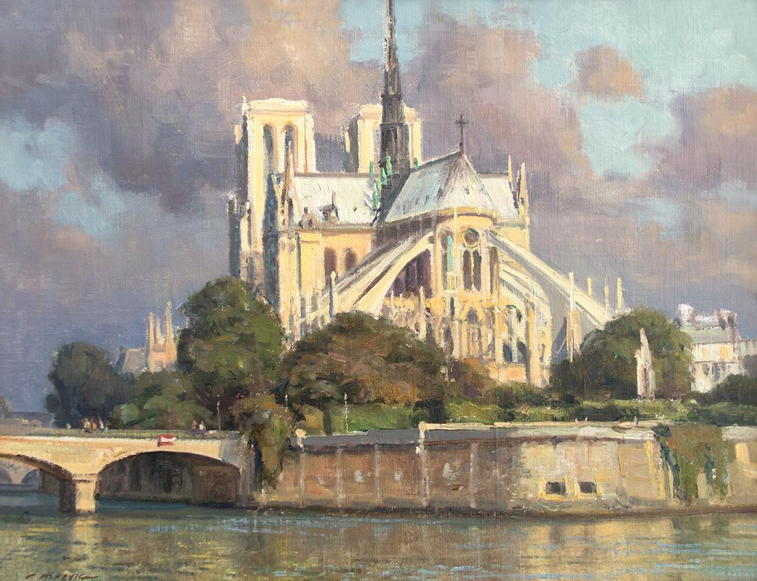 Notre Dame - Morning Light by Clyde Aspevig (1951- ): Clyde Aspevig (1951- ), Notre Dame - Morning Light, oil on board, 14 x 18, signed lower left