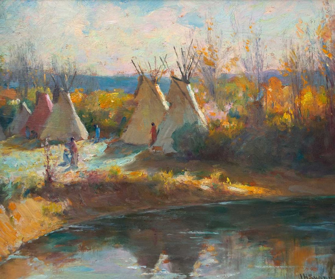 Untitled, Indian Camp on Little Big Horn by Joseph Henr: Joseph Henry Sharp (1859-1953), Untitled, Indian Camp on Little Big Horn, oil on board, 10 x 12, signed lower right