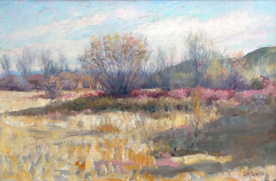 Spring, Montana Crow Camp by Joseph Henry Sharp (1859-1: Joseph Henry Sharp (1859-1953), Spring, Montana Crow Camp, oil on canvas, 12 x 18, signed lower right