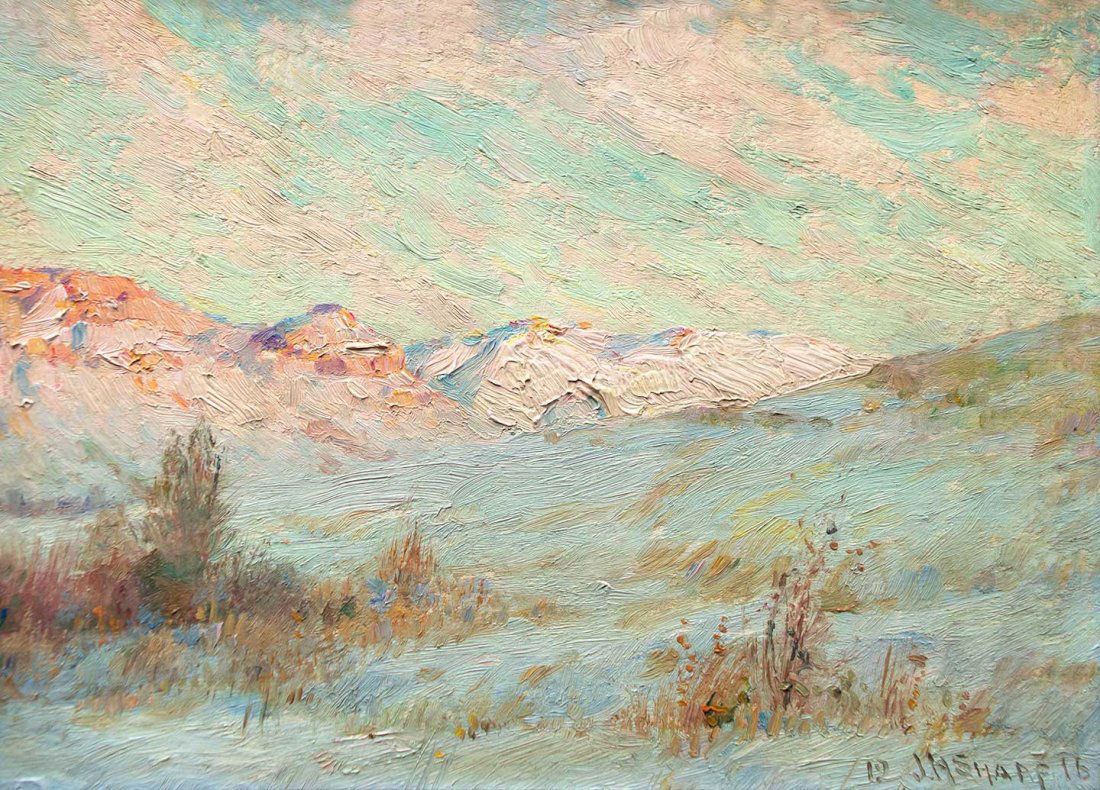 Crow Agency Camp, Montana, 1916 by Joseph Henry Sharp: Joseph Henry Sharp (1859-1953), Crow Agency Camp, Montana, 1916, oil on board, 6 1/2 x 8 3/4, signed lower right