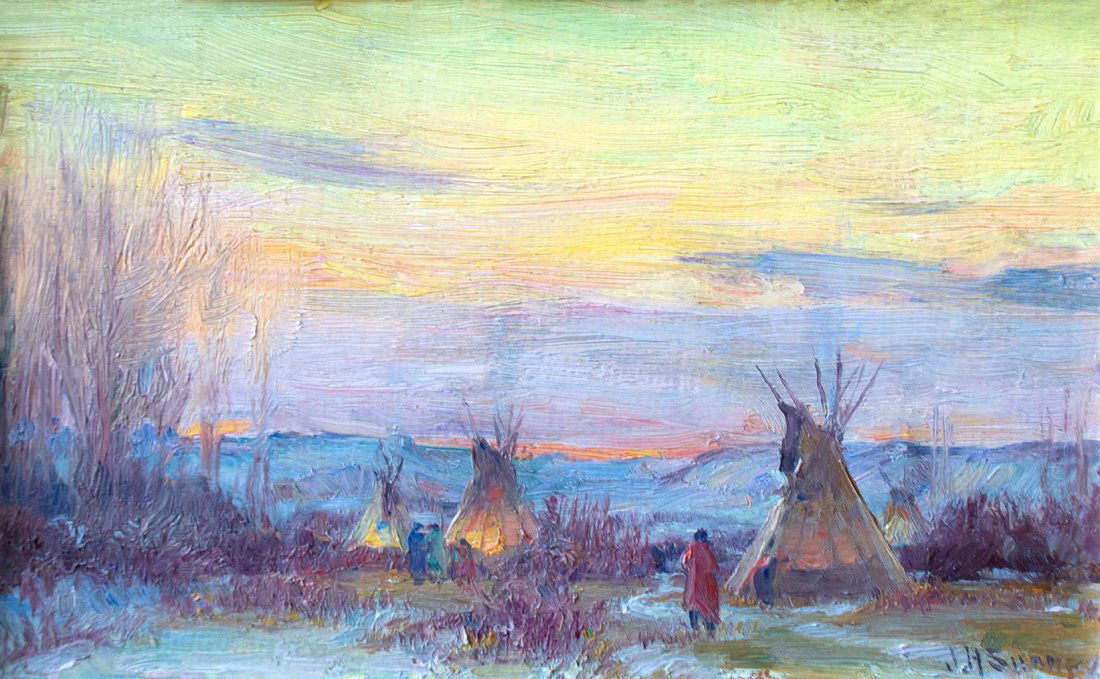 Twilight, Crow Agency Camp by Joseph Henry Sharp (1859-: Joseph Henry Sharp (1859-1953), Twilight, Crow Agency Camp, oil on board, 5 1/2 x 8 3/4