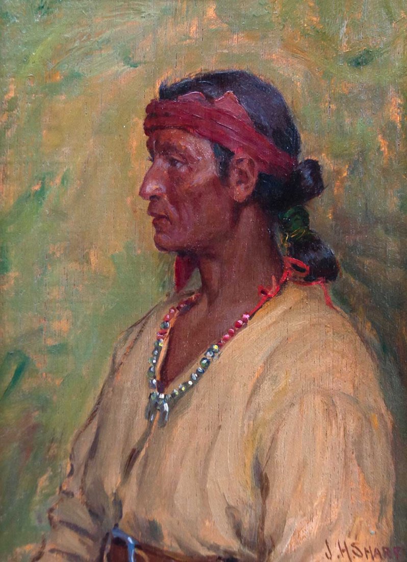 Navajo Portrait with Red Headband by Joseph Henry Sharp: Joseph Henry Sharp (1859-1953), Navajo Portrait with Red Headband, oil on board, 8 x 6, signed lower right
